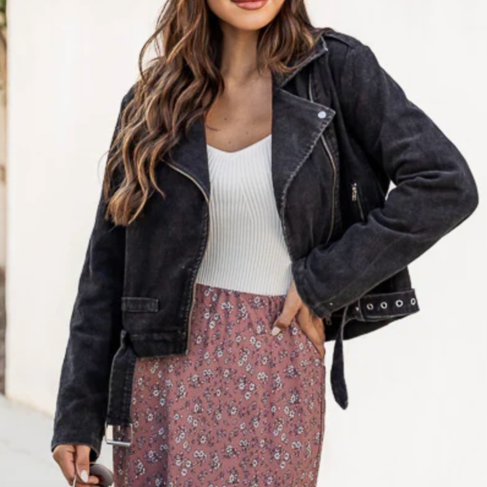 Pink Lily Black Suede-Look Moto Jacket